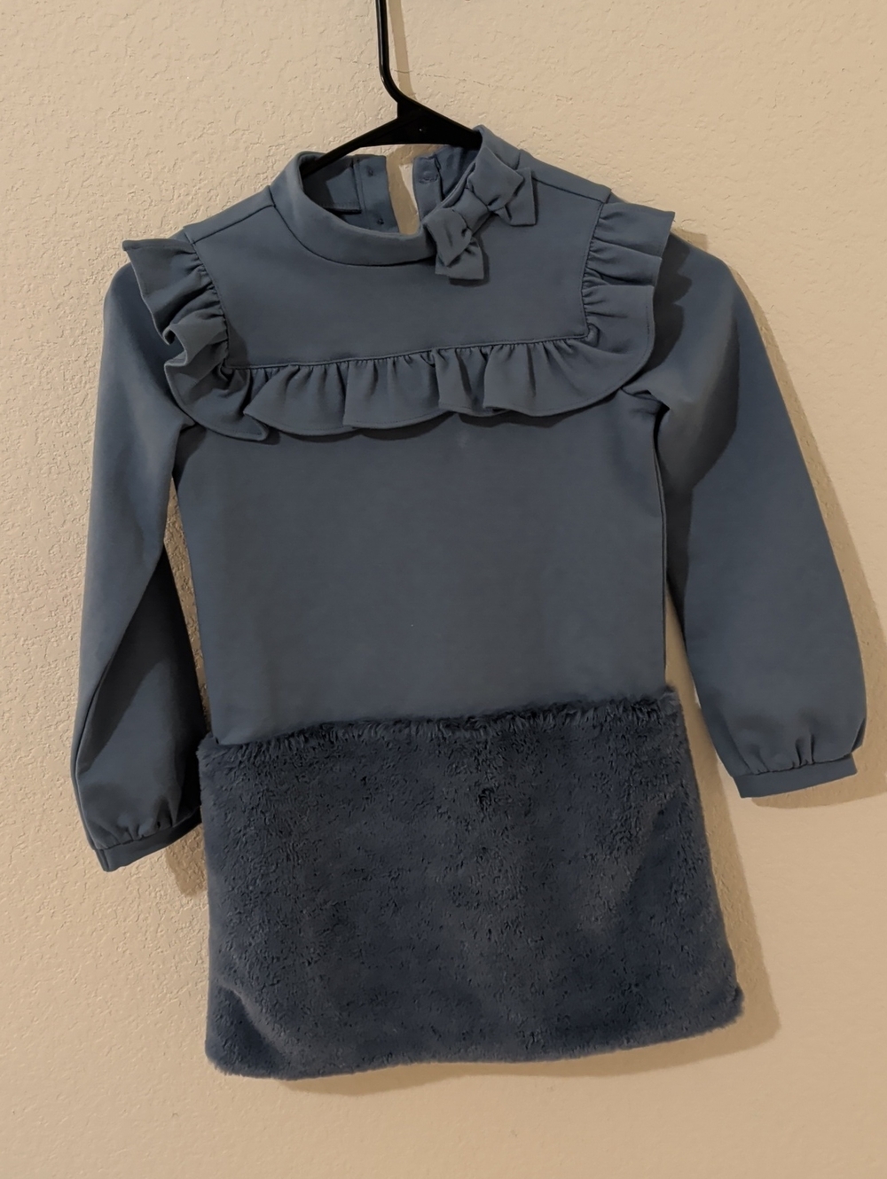 Janie and Jack Blue Ruffle Mock-Neck Long Sleeve Top with Faux Fur Hem